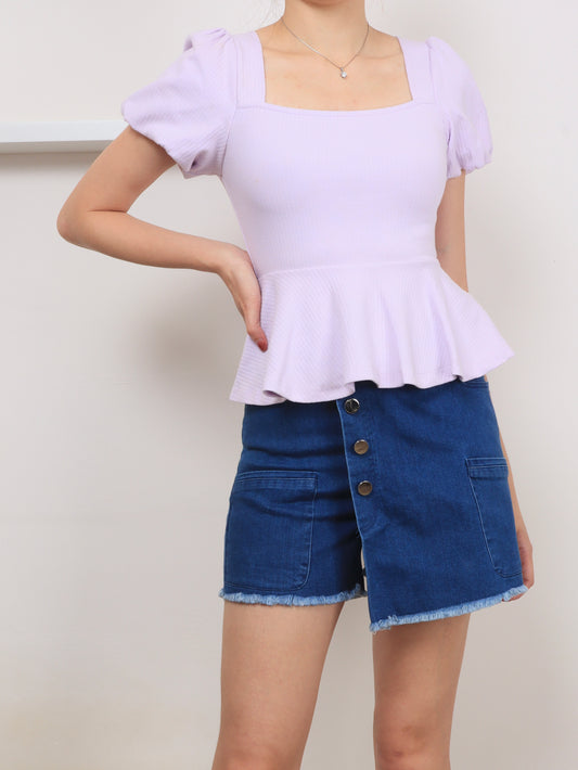 Ribbed Cotton Square Neck Top - Lilac - Ferlicious