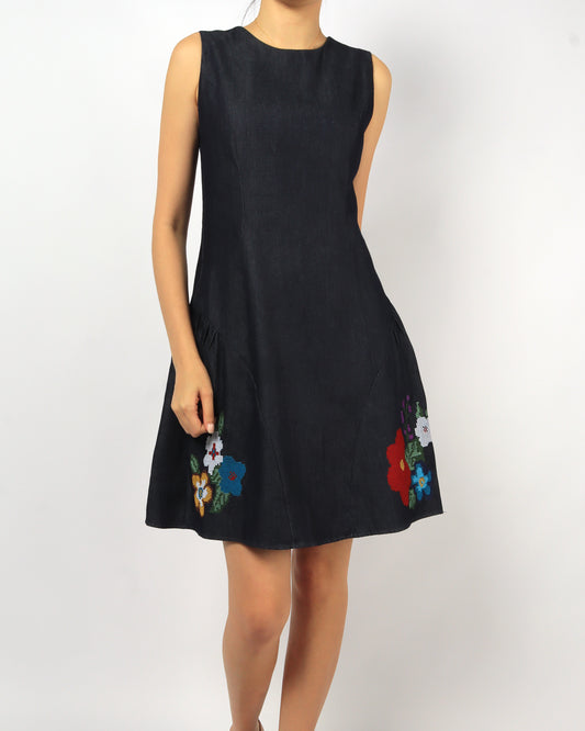 Floral Embroidered Denim Dress, women's dress - Ferlicious Singapore