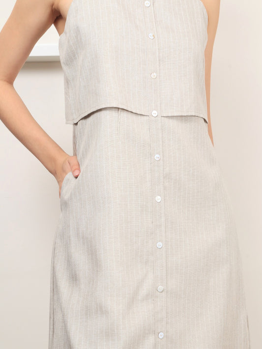 Pinstripes Button Dress - Beige, women's dress - Ferlicious Singapore