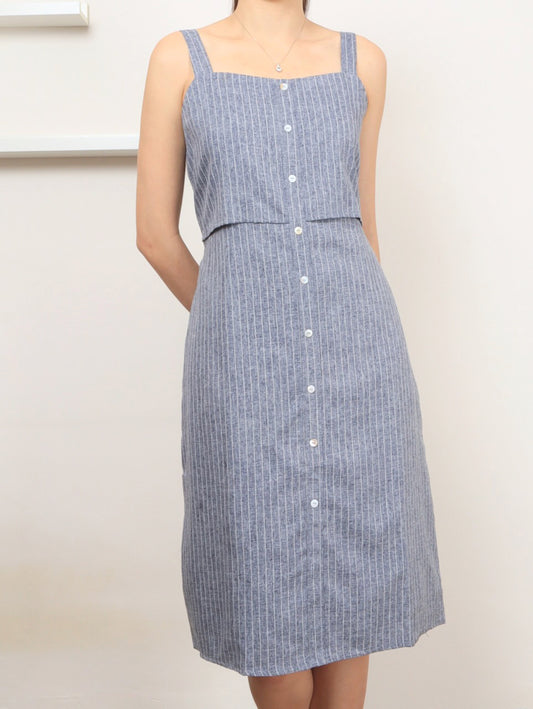 Pinstripes Button Dress - Grey, women's dress - Ferlicious Singapore