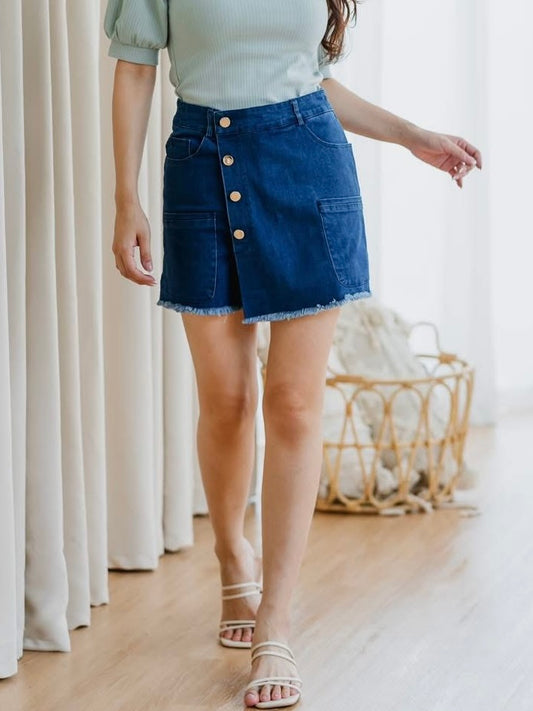 Slant Button Denim Skorts, women's skort - Ferlicious Singapore