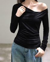 Asymmetric Cowl Neck Long Sleeve Top - Black