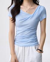 Asymmetric Cowl Neck Tee - Light Blue