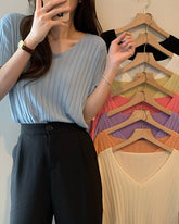Ice Silk Ribbed V Neck Tee