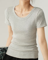 Ribbed U Neck Fitted Tee - Light Grey