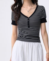 Striped Contrast Trim Henley Tee - Black Stripe