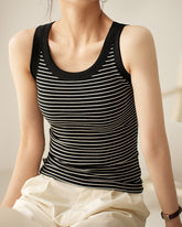 Striped Ribbed Contrast Trim Tank - Black