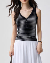 Striped V Neck Button Tank - Black Stripe