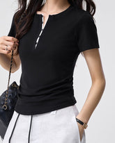 Tencel Henley Ruched Tee - Black
