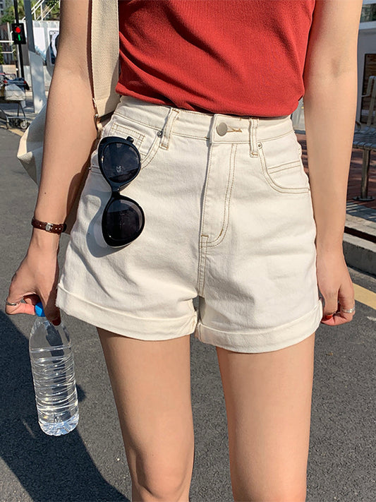 Rolled Up Denim Shorts, women's shorts - Ferlicious Singapore