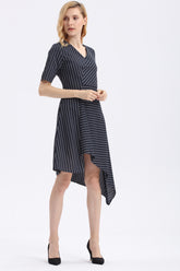 Stripes Sleeved V Neck Dress - Ferlicious