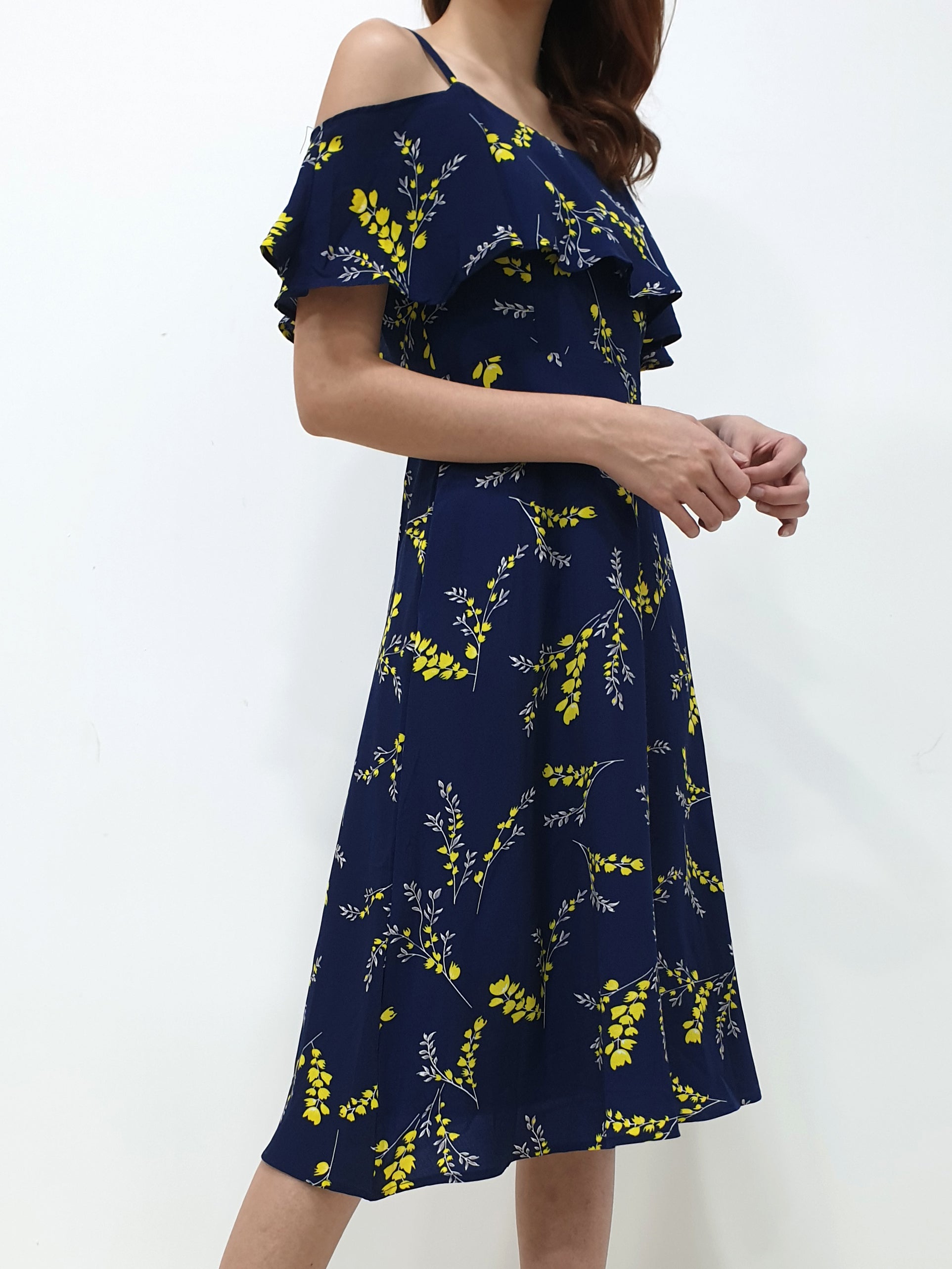 Yellow Print Cold Shoulder Dress - Navy (Non-returnable) FERLICIOUS Yellow Print Cold Shoulder Dress - Navy (Non-returnable) FERLICIOUS