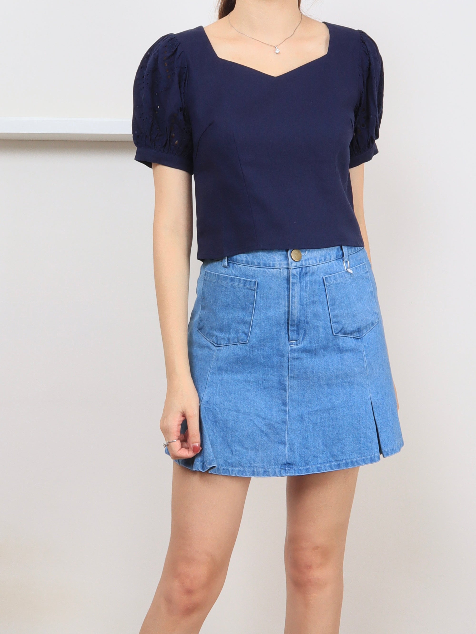 Charm Eyelet Sleeve Blouse - Navy