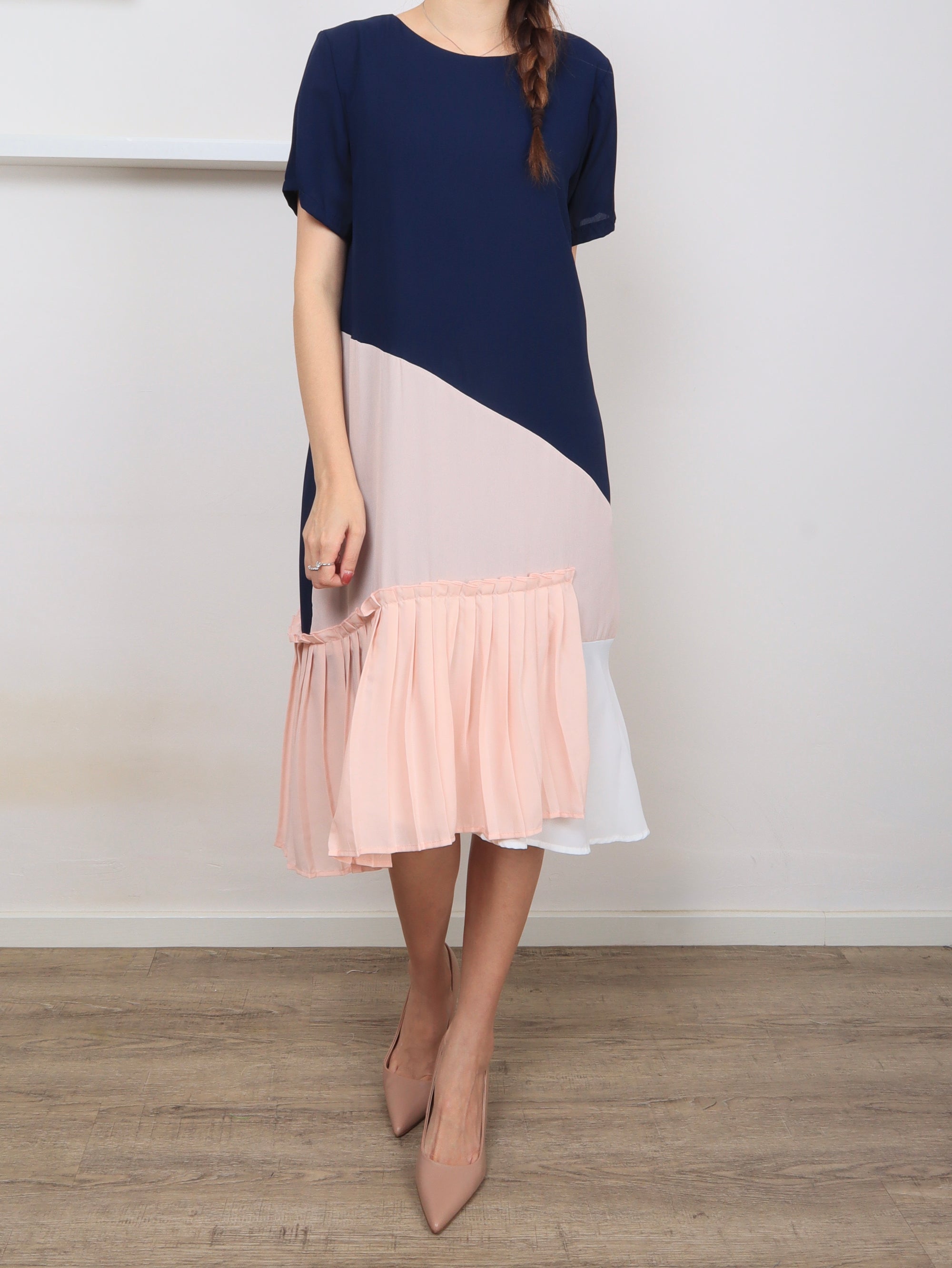 Colourblock Pleated SS Dress