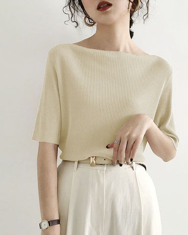 Boat Neck Half Sleeve Knit Tee
