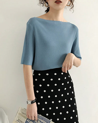 Boat Neck Half Sleeve Knit Tee