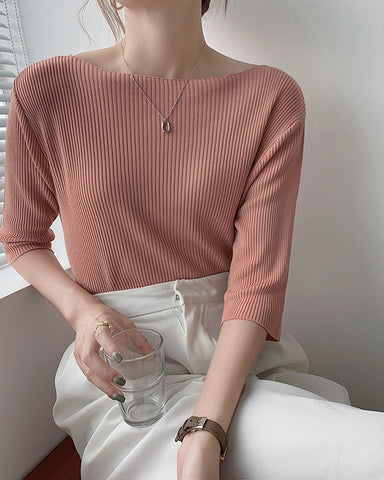 Boat Neck Half Sleeve Knit Tee