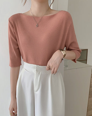 Boat Neck Half Sleeve Knit Tee