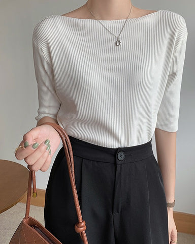 Boat Neck Half Sleeve Knit Tee