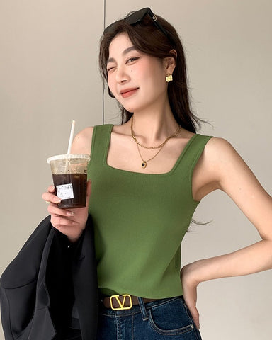 Square Neck Ribbed Knit Tank