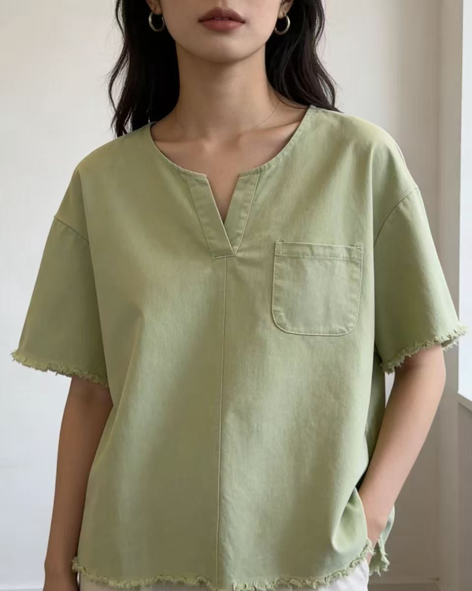 Raw Hem Denim Boxy Top, women's top - Ferlicious Singapore