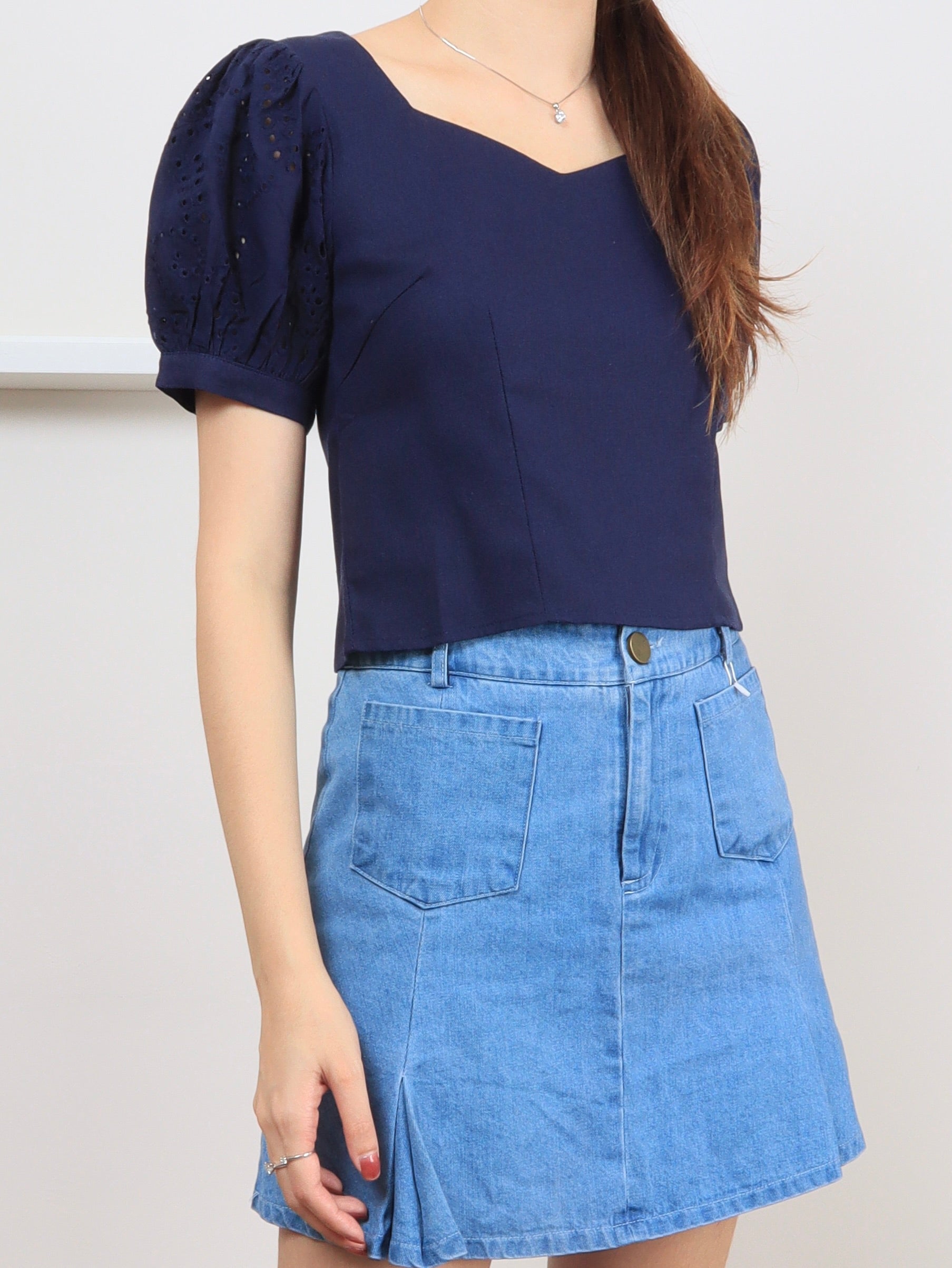 Charm Eyelet Sleeve Blouse - Navy