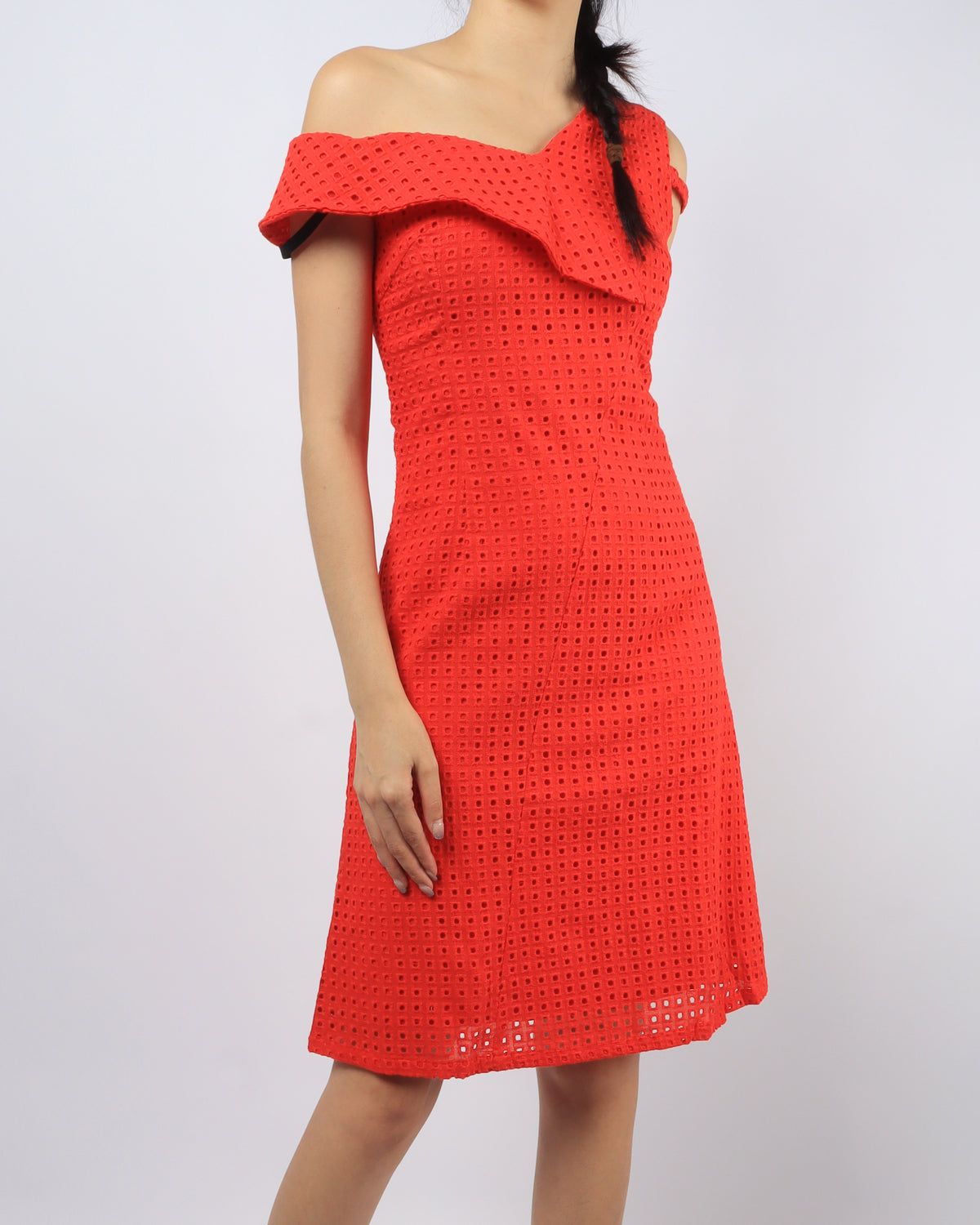 Assym Eyelet Midi - Coral, women's dress - Ferlicious Singapore
