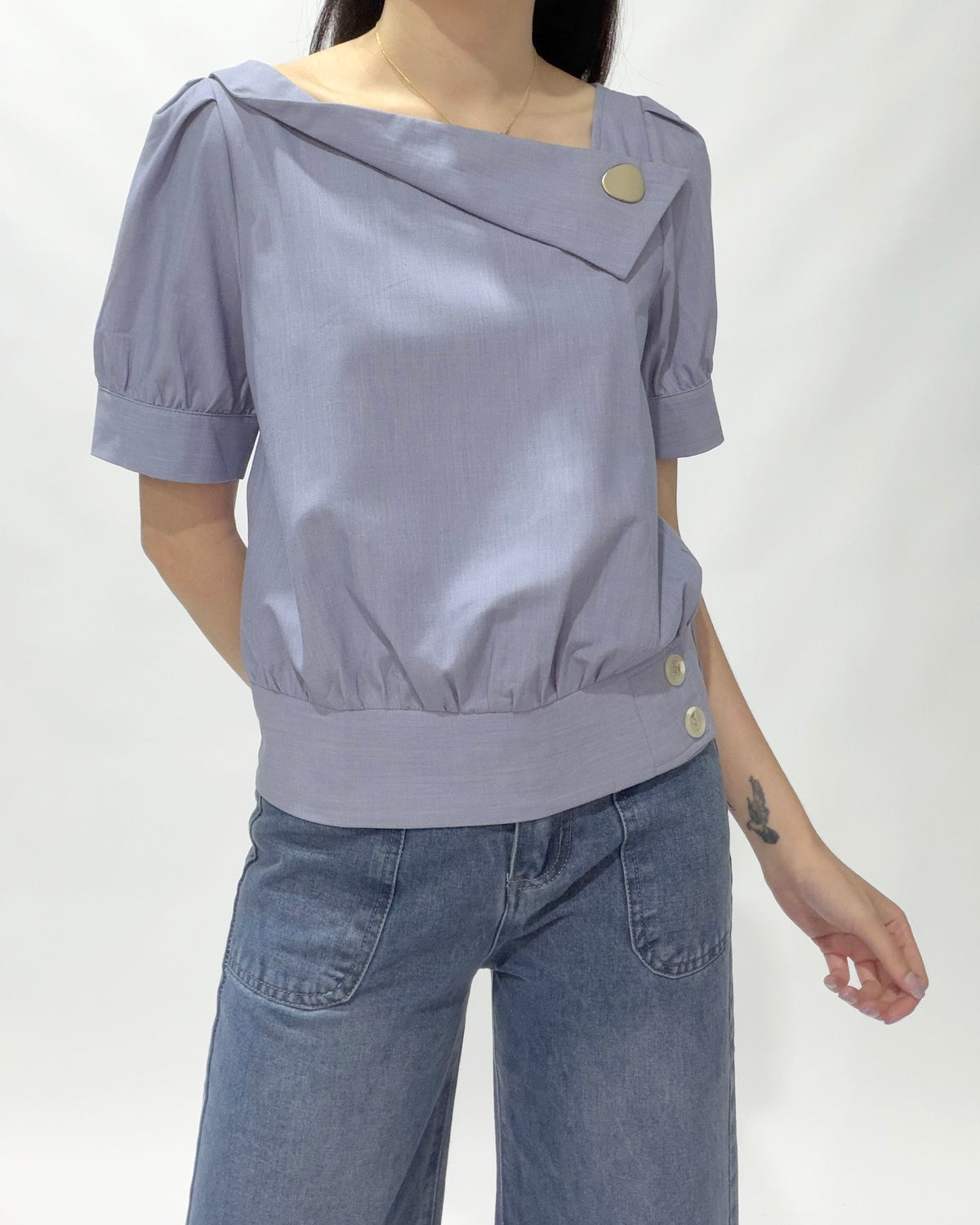 Button Boat Neck Blouse, women's top - Ferlicious Singapore