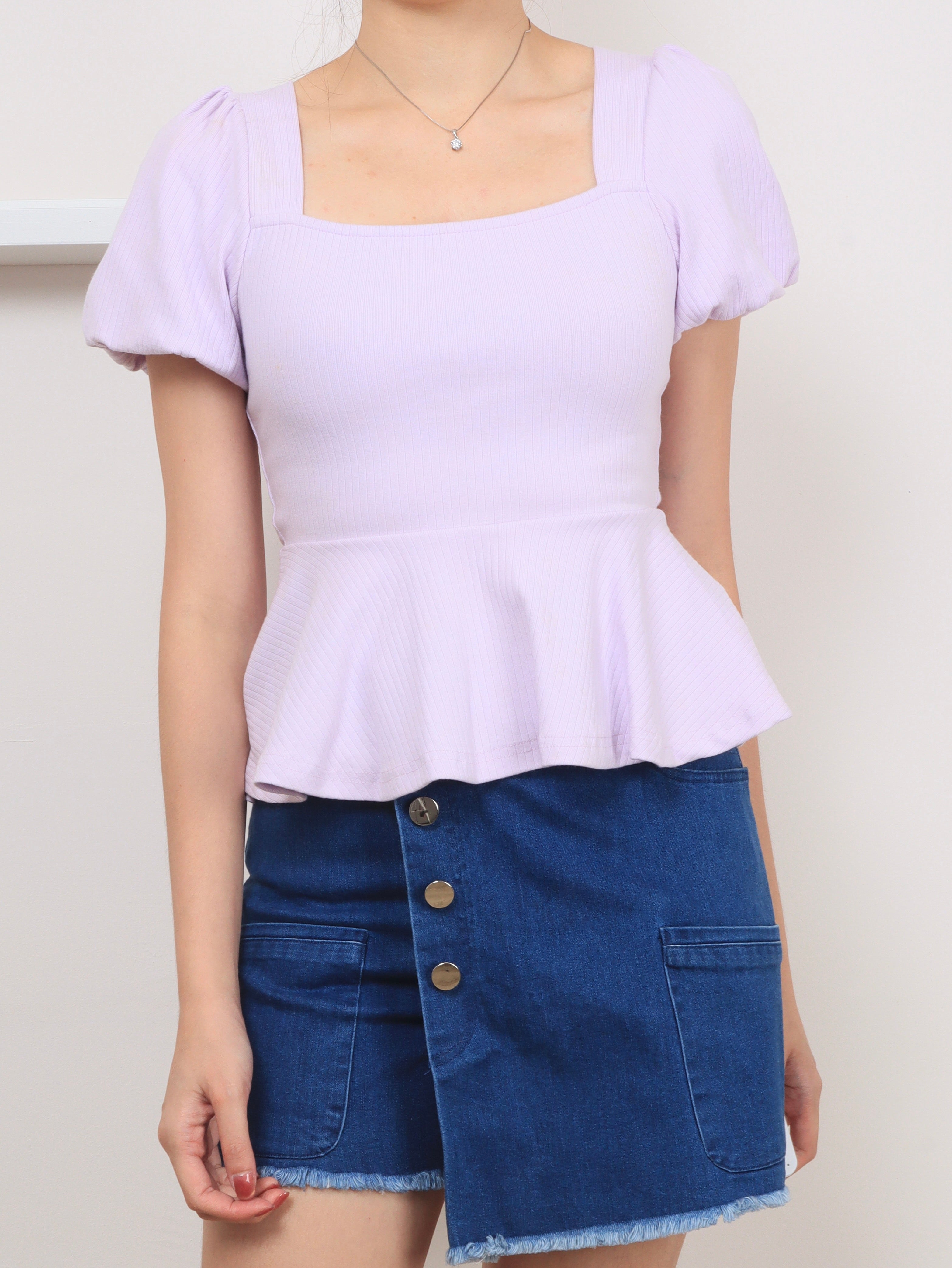 Ribbed Cotton Square Neck Top - Lilac