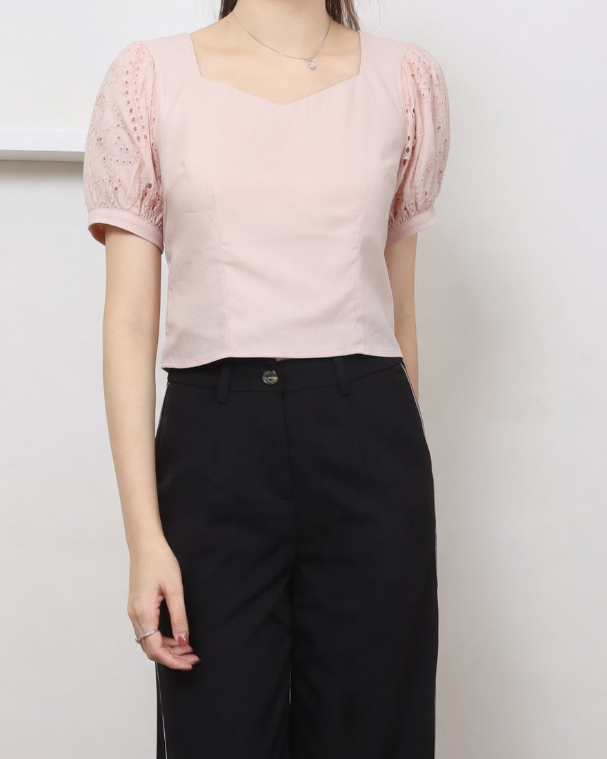 Charm Eyelet Sleeve Blouse - Pink, women's top - Ferlicious Singapore