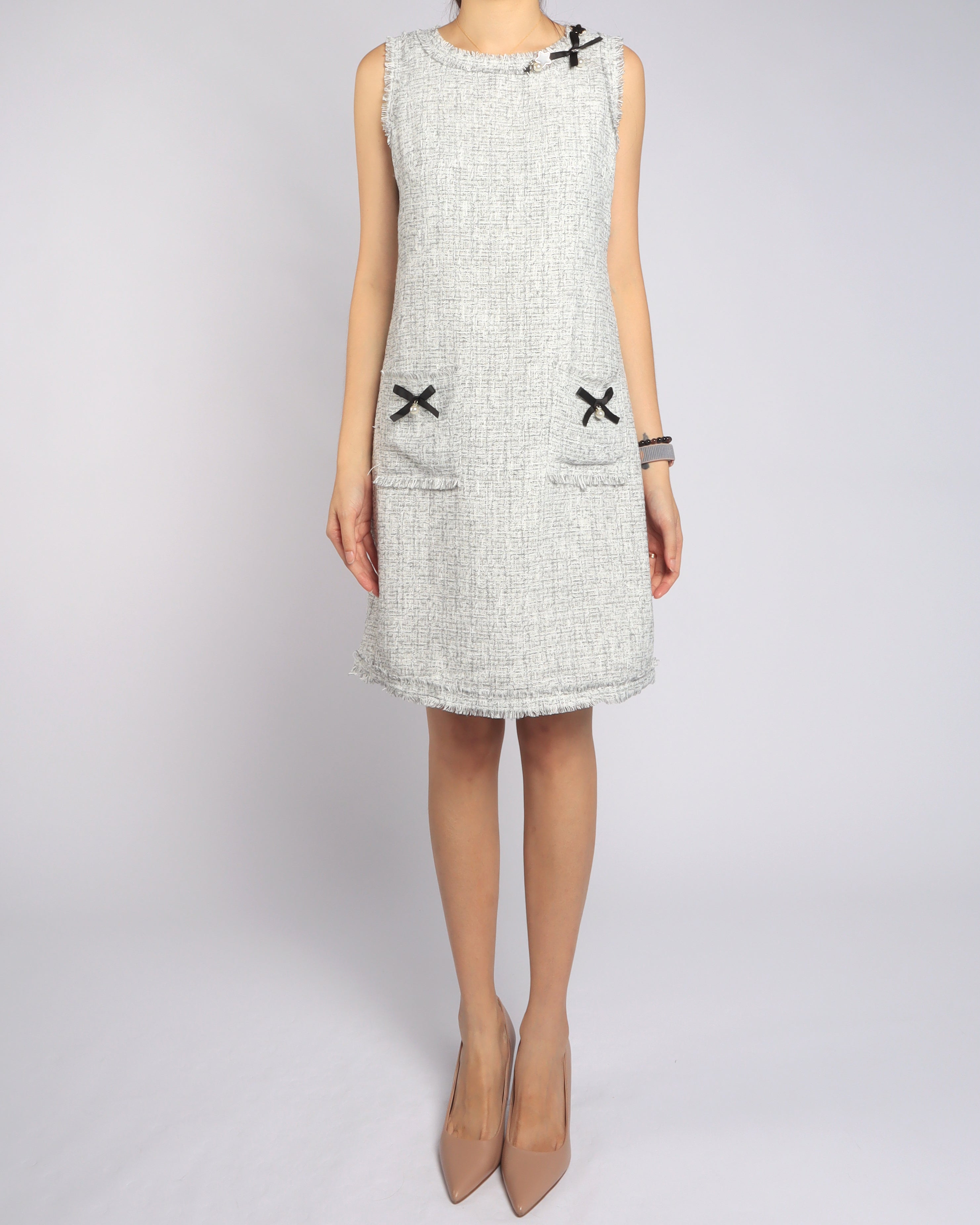 Dangle Ribbons Shift Dress - Grey