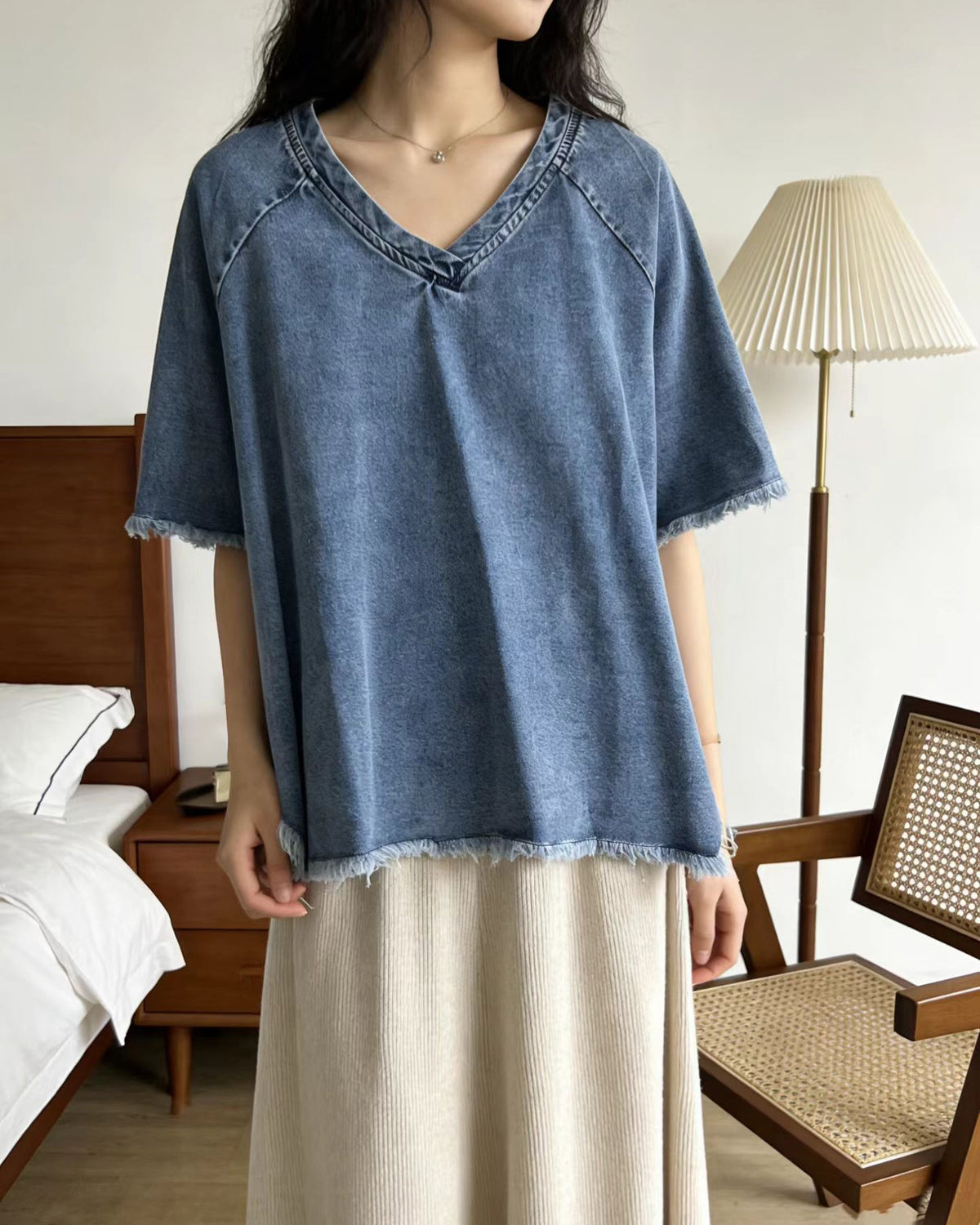 Denim Raw Hem Top, women's top - Ferlicious Singapore