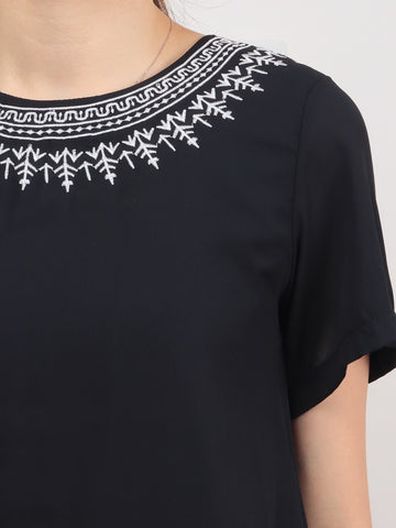 Embroidered Collar Top - Black