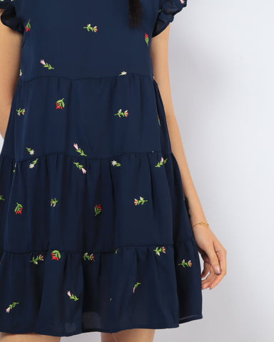 Embroidered Frills Babydoll Dress - Navy (Non-returnable)