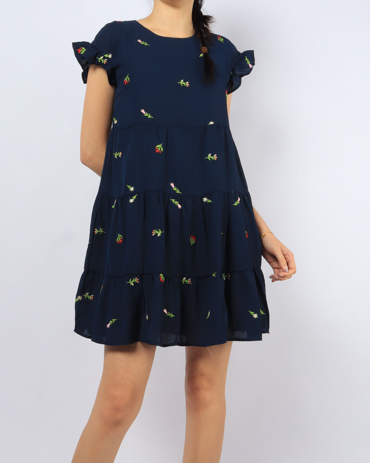 Embroidered Frills Babydoll Dress - Navy (Non-returnable), women's dress - Ferlicious Singapore