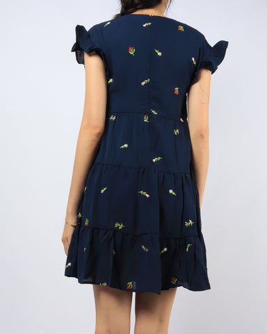 Embroidered Frills Babydoll Dress - Navy (Non-returnable)