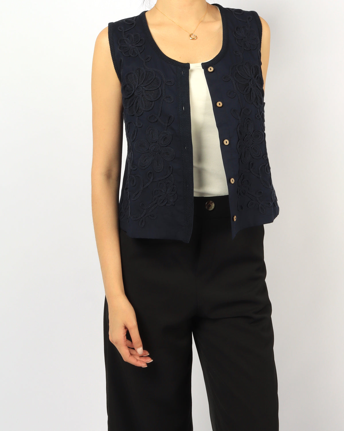 Embroidered Linen Vest, women's top - Ferlicious Singapore