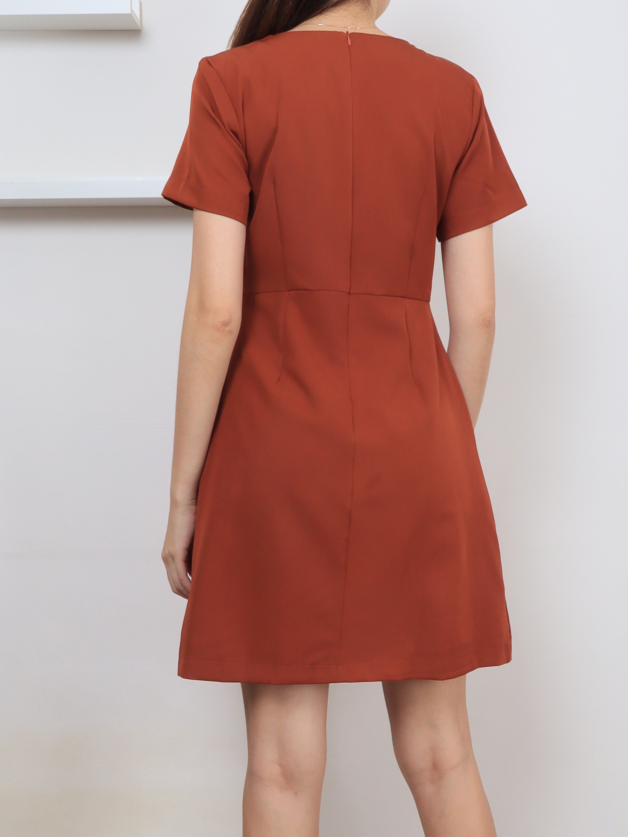 Folded Flap Sleeved Dress - Brick