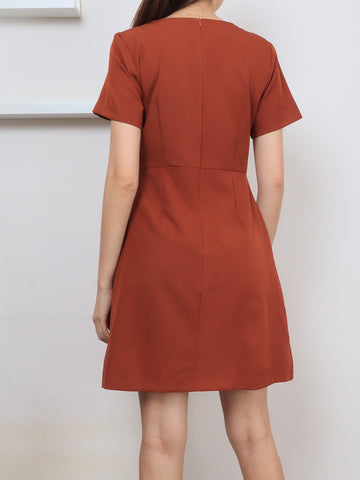 Folded Flap Sleeved Dress - Brick