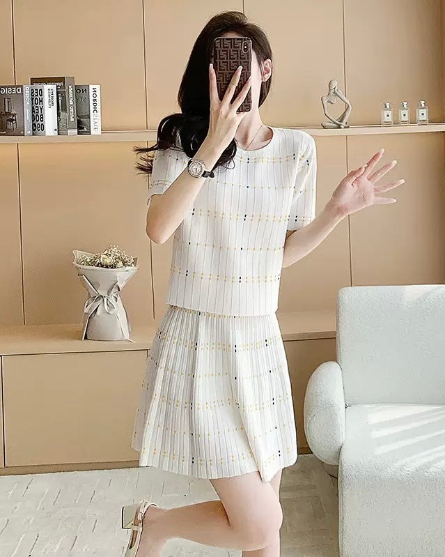 Dash Detail Knit Short Sleeve Skirt Set, women's set - Ferlicious Singapore