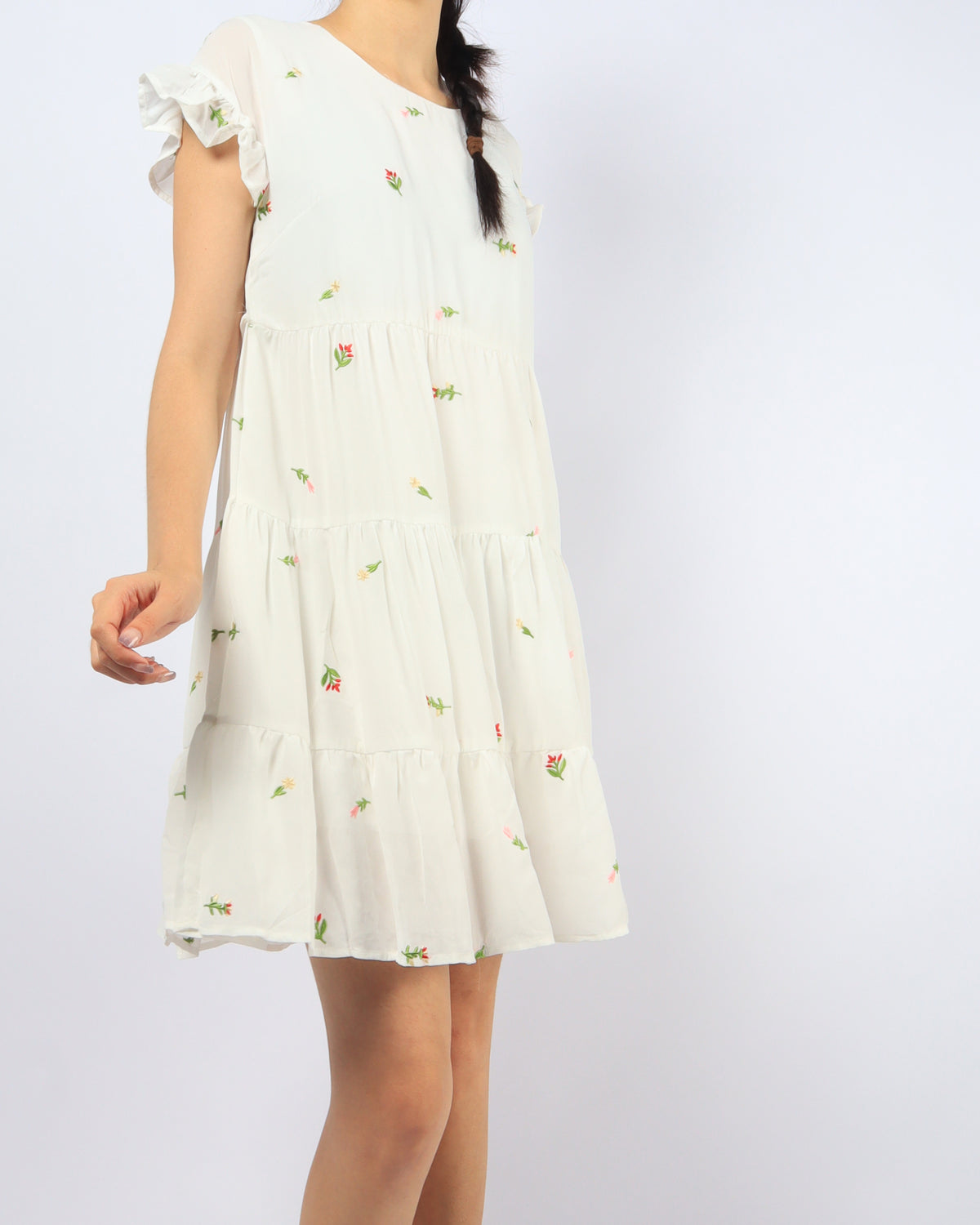 Embroidered Frills Babydoll Dress - White (Non-returnable), women's dress - Ferlicious Singapore