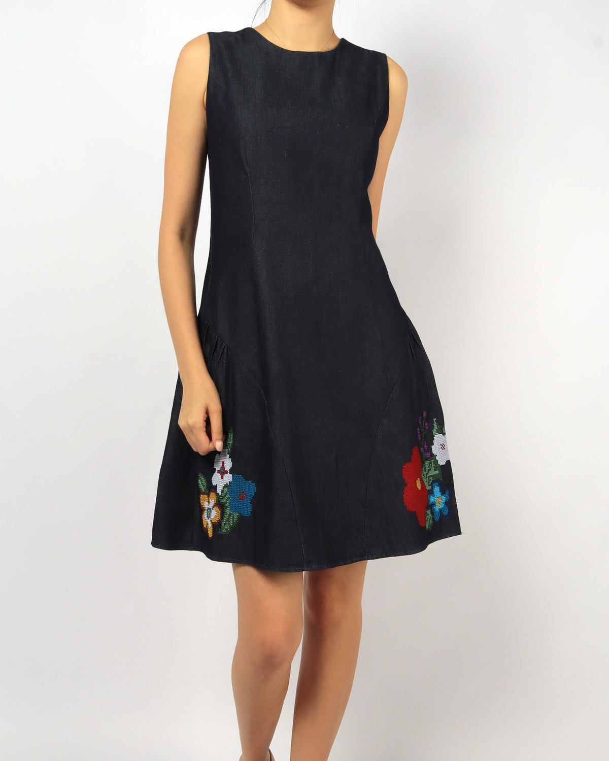 Floral Embroidered Denim Dress, women's dress - Ferlicious Singapore