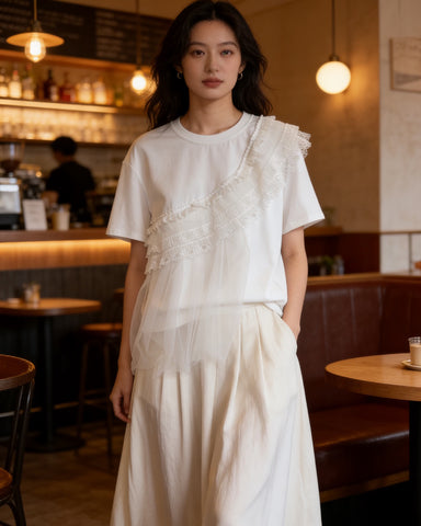 Lace Ruffle Asymmetrical Tee