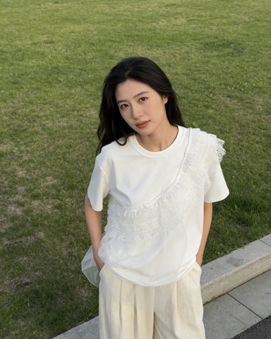 Lace Ruffle Asymmetrical Tee
