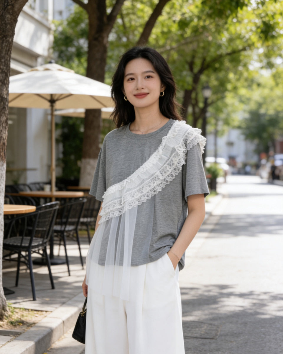 Lace Ruffle Asymmetrical Tee, women's top - Ferlicious Singapore