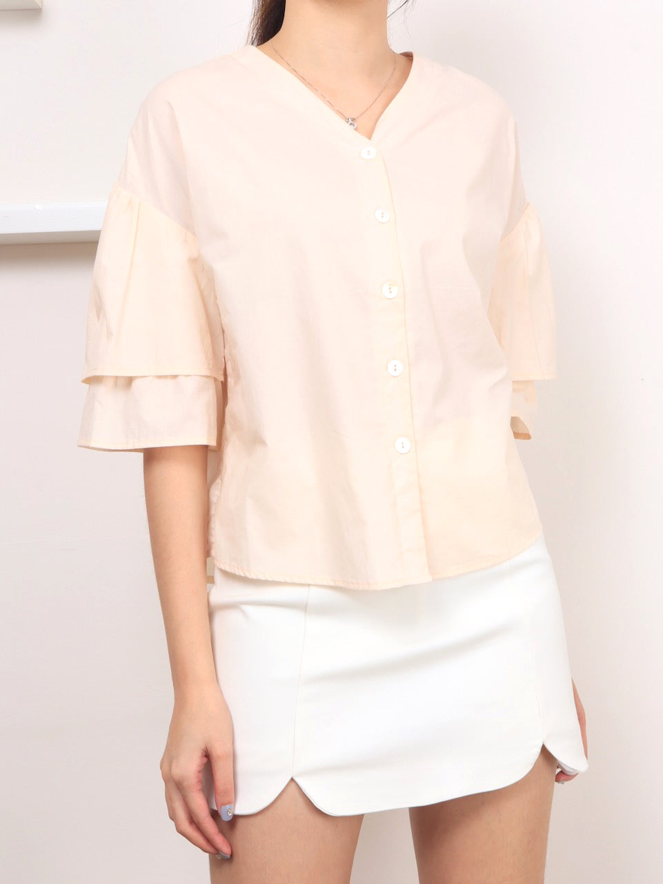 Layered Sleeve Cotton Blouse - Beige