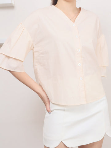 Layered Sleeve Cotton Blouse - Beige