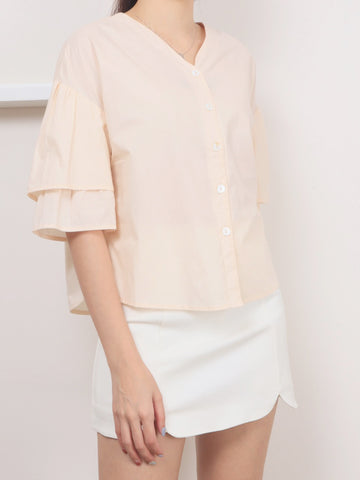 Layered Sleeve Cotton Blouse - Beige