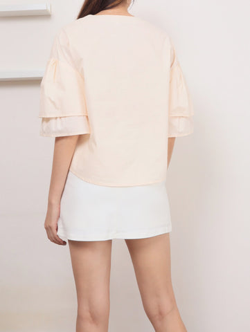 Layered Sleeve Cotton Blouse - Beige