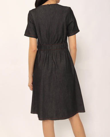Lightweight Short Sleeve Denim Dress - Black